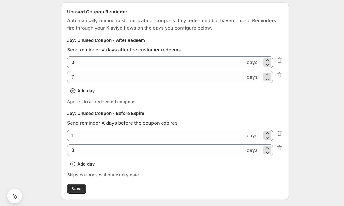 Unused Coupon Reminder setup in Joy's Klaviyo integration